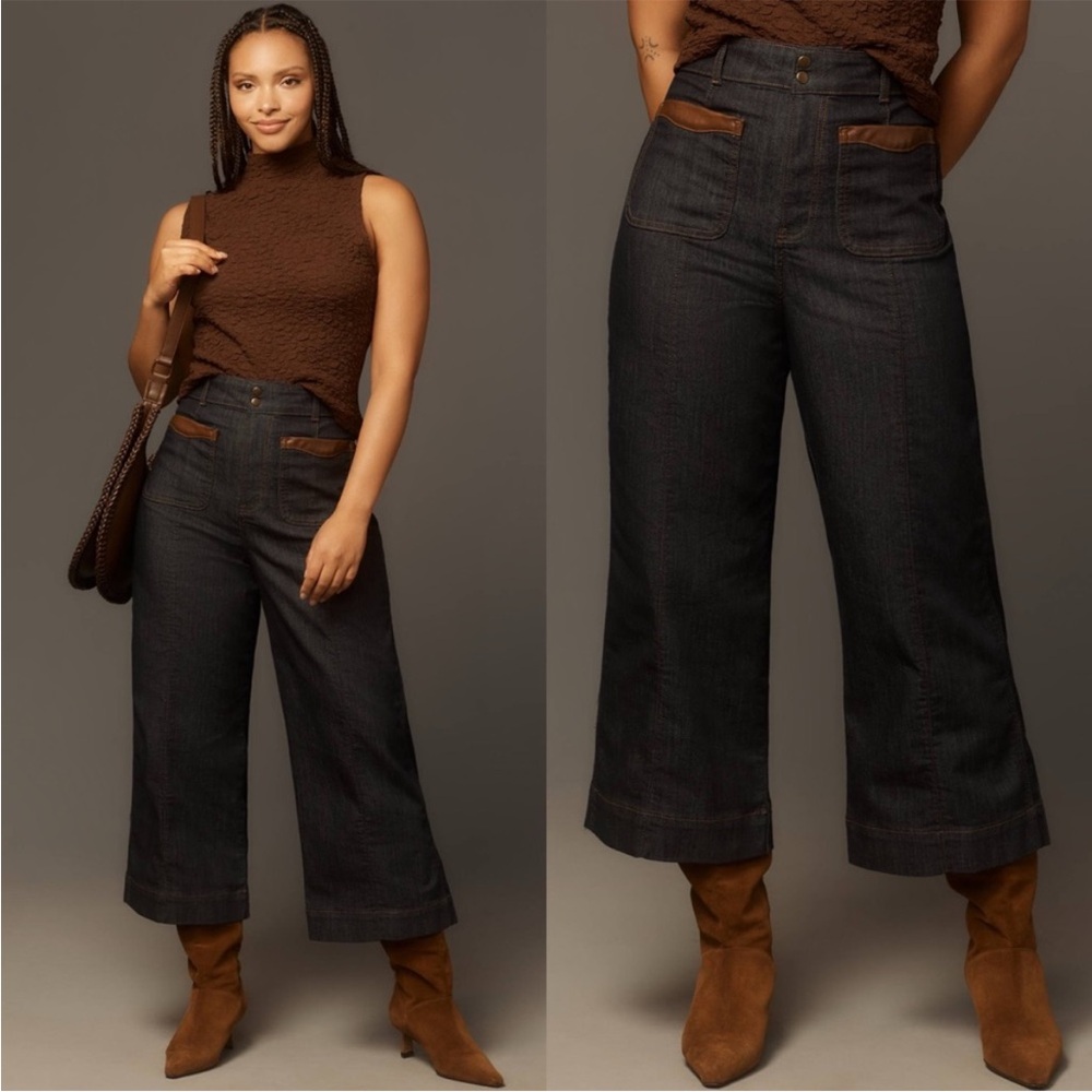 Maeve Dark Wash Cropped Wide-Leg Jeans with Brown Trim